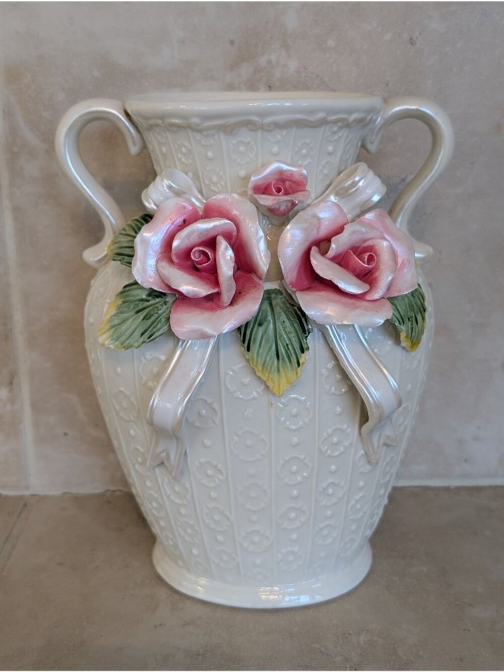 Vintage Capodimonte-style Porcelain Vase Ivory Glaze Dimensional Pink Roses 7"